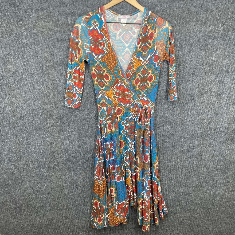 Pretty Young Thing Womens Small Boho Geometric Medallion Wrap Dress Multi-Color